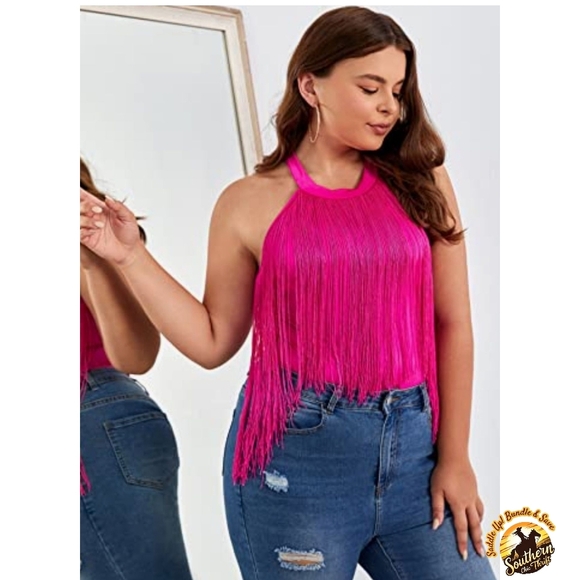 WDIRARA - Large (0XL) Vibrant Pink Fringe Halter Top Bodysuit - Picture 5 of 8